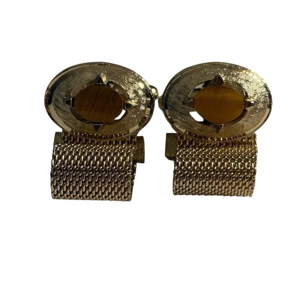 Dante Tiger's Eye Wrap Around‎ Mesh Cufflinks Brown Stone Gold Tone Vintage Oval
